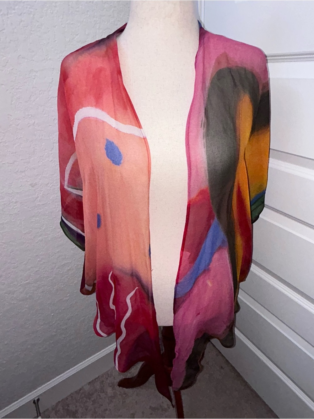 COCOON HOUSE 100% Silk Mix Print Sheer Open Front Kimono Blouse Top